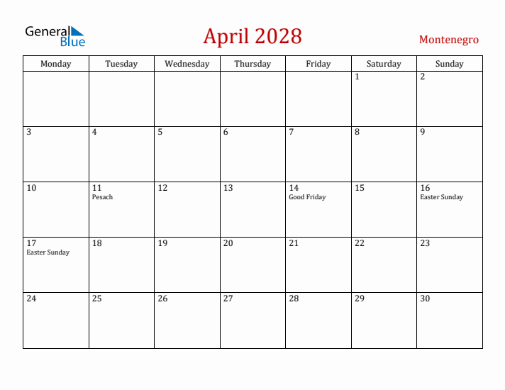 Montenegro April 2028 Calendar - Monday Start