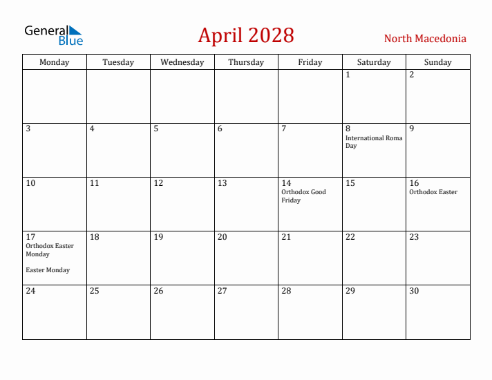 North Macedonia April 2028 Calendar - Monday Start