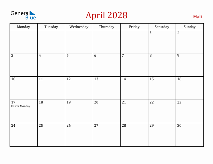 Mali April 2028 Calendar - Monday Start