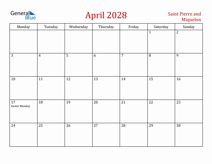 Saint Pierre and Miquelon April 2028 Calendar - Monday Start