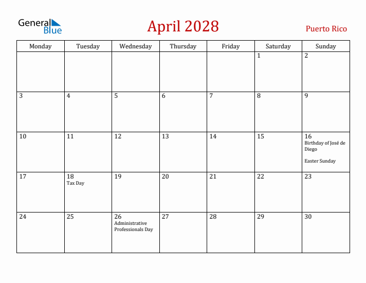 Puerto Rico April 2028 Calendar - Monday Start