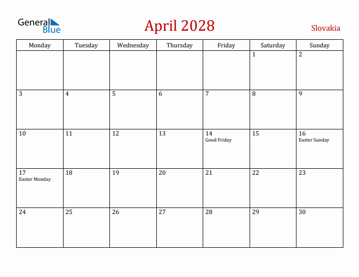 Slovakia April 2028 Calendar - Monday Start