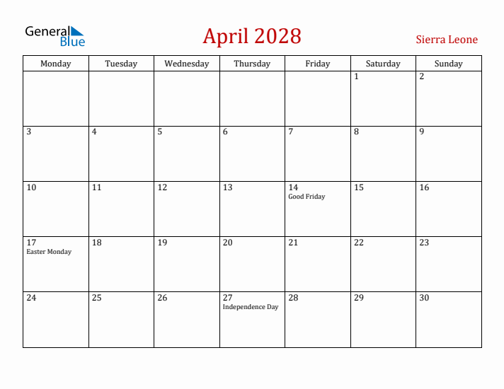 Sierra Leone April 2028 Calendar - Monday Start