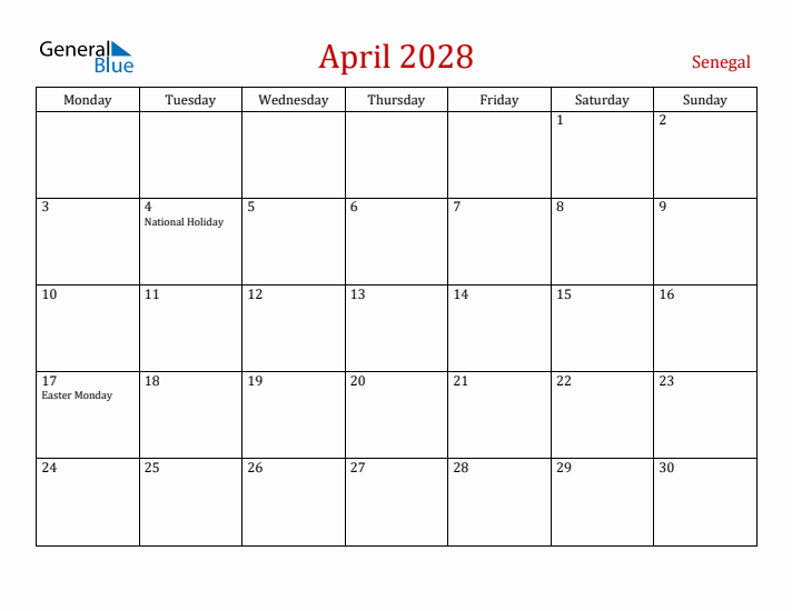 Senegal April 2028 Calendar - Monday Start