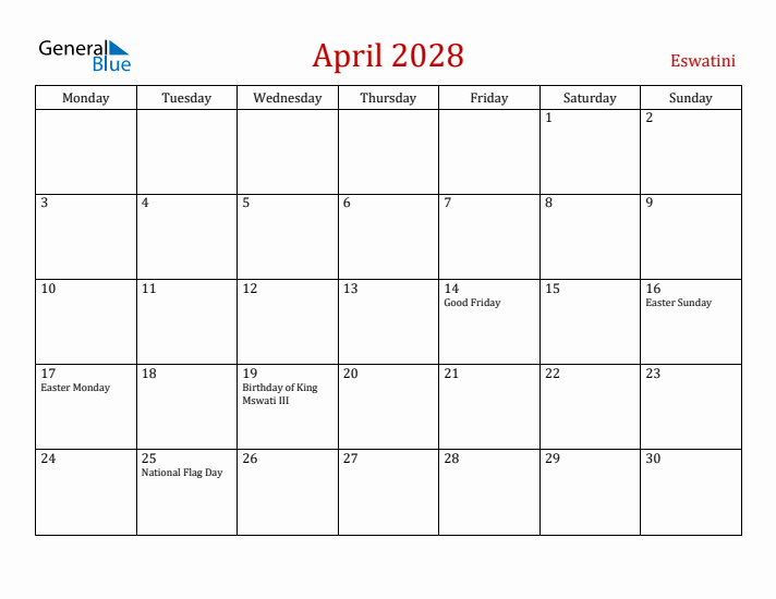 Eswatini April 2028 Calendar - Monday Start