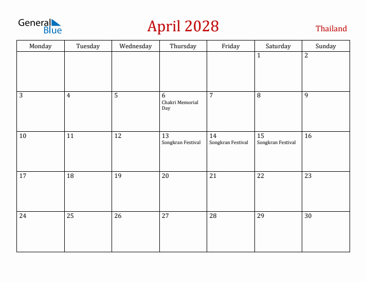 Thailand April 2028 Calendar - Monday Start
