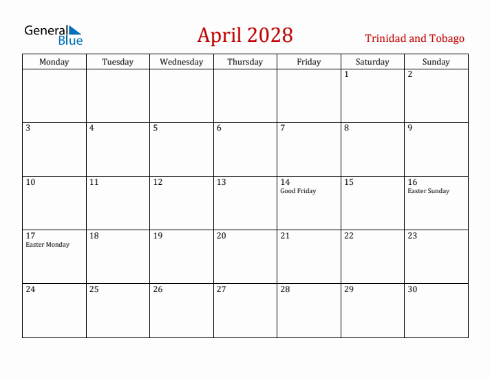 Trinidad and Tobago April 2028 Calendar - Monday Start
