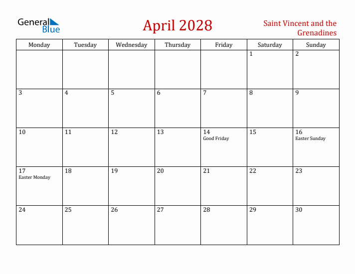 Saint Vincent and the Grenadines April 2028 Calendar - Monday Start
