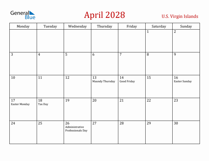 U.S. Virgin Islands April 2028 Calendar - Monday Start