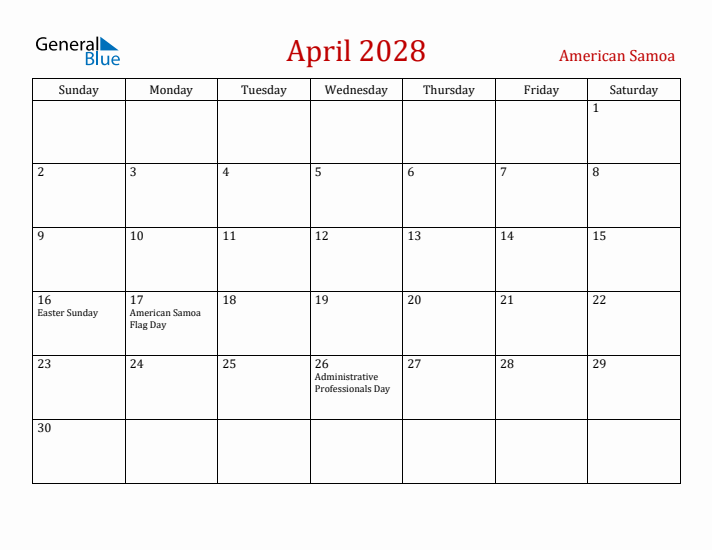 American Samoa April 2028 Calendar - Sunday Start