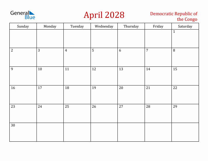 Democratic Republic of the Congo April 2028 Calendar - Sunday Start