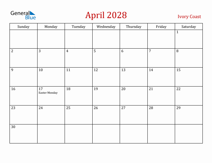 Ivory Coast April 2028 Calendar - Sunday Start