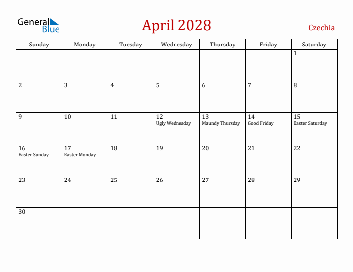 Czechia April 2028 Calendar - Sunday Start