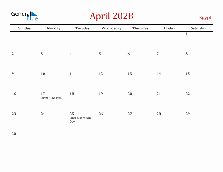 Egypt April 2028 Calendar - Sunday Start