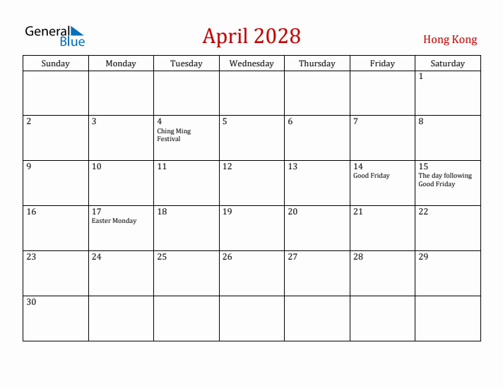 Hong Kong April 2028 Calendar - Sunday Start