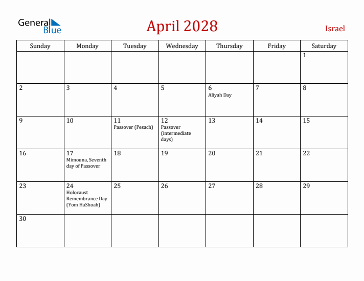 Israel April 2028 Calendar - Sunday Start