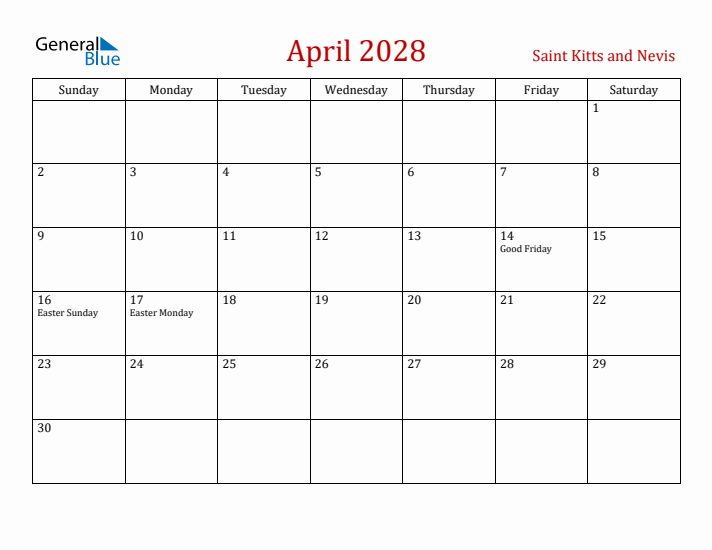 Saint Kitts and Nevis April 2028 Calendar - Sunday Start