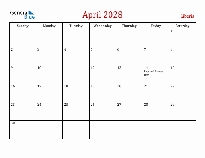 Liberia April 2028 Calendar - Sunday Start