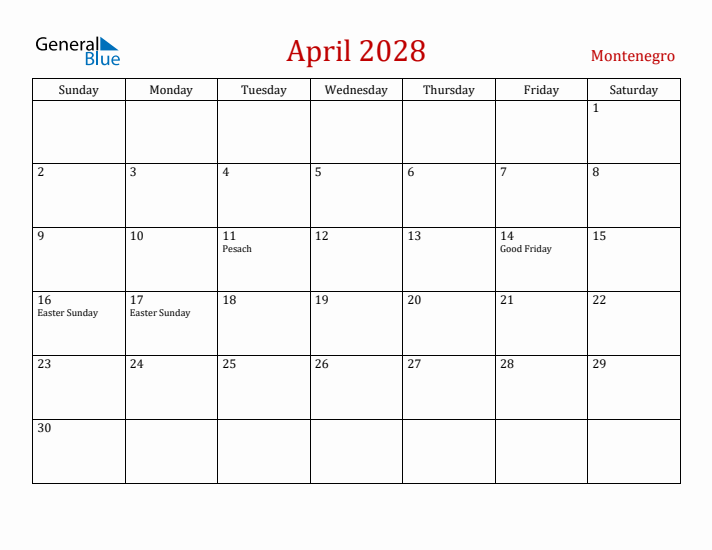 Montenegro April 2028 Calendar - Sunday Start