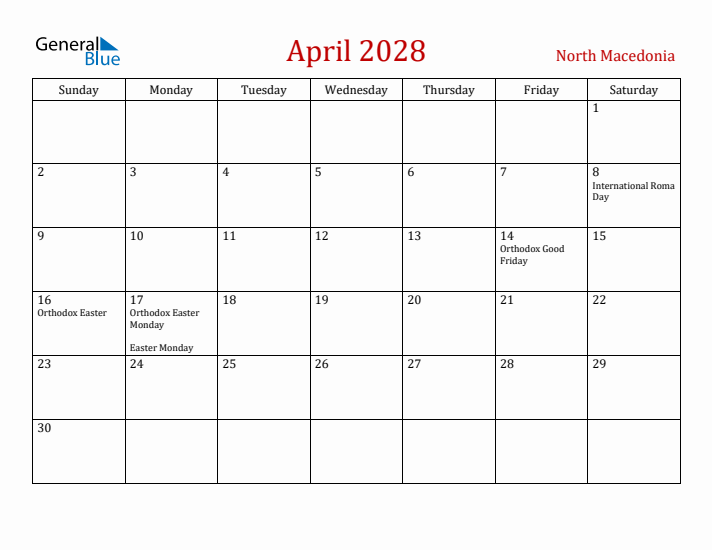 North Macedonia April 2028 Calendar - Sunday Start