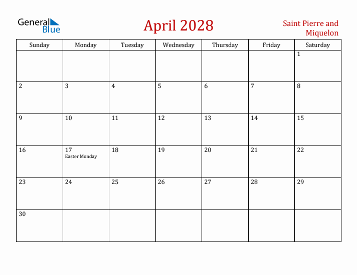 Saint Pierre and Miquelon April 2028 Calendar - Sunday Start