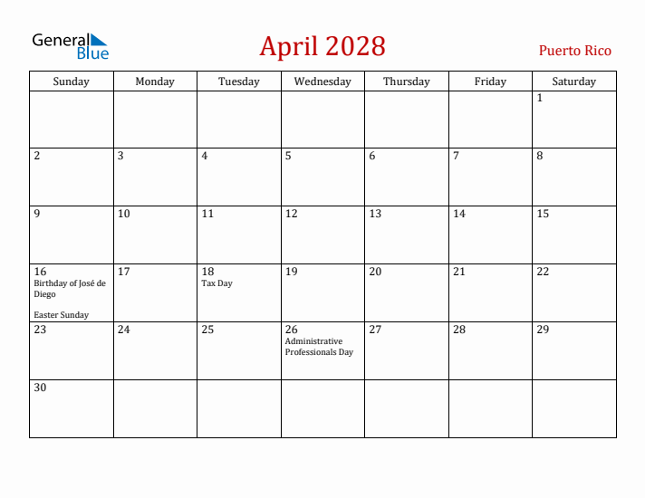 Puerto Rico April 2028 Calendar - Sunday Start