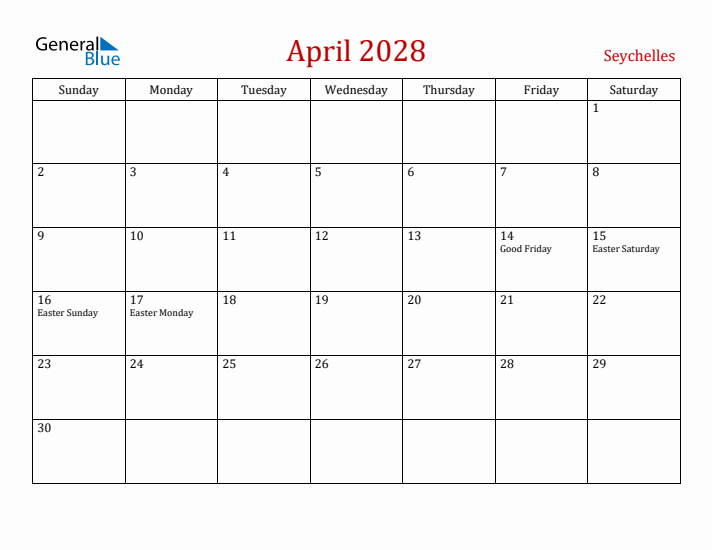 Seychelles April 2028 Calendar - Sunday Start