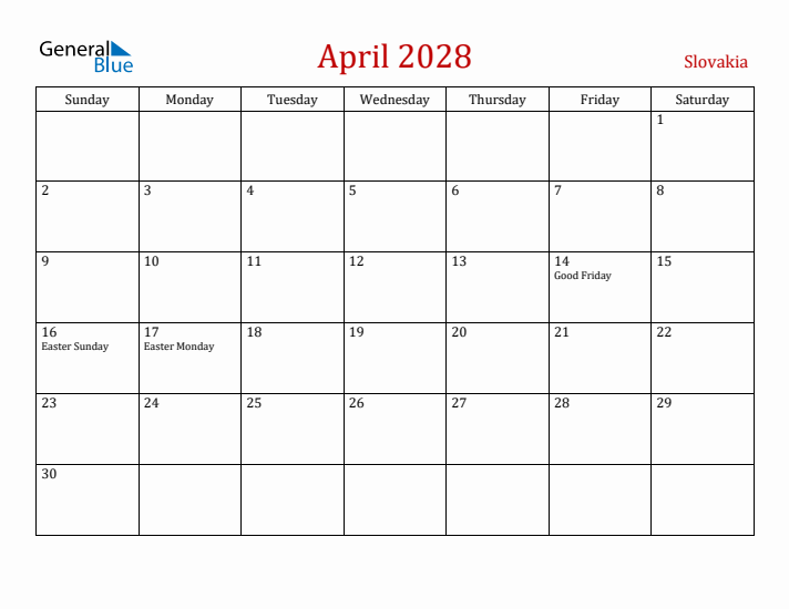 Slovakia April 2028 Calendar - Sunday Start
