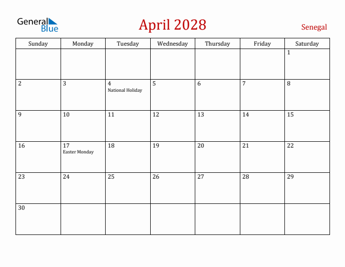 Senegal April 2028 Calendar - Sunday Start