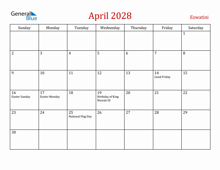 Eswatini April 2028 Calendar - Sunday Start