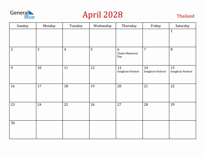 Thailand April 2028 Calendar - Sunday Start