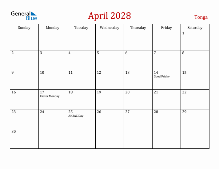 Tonga April 2028 Calendar - Sunday Start