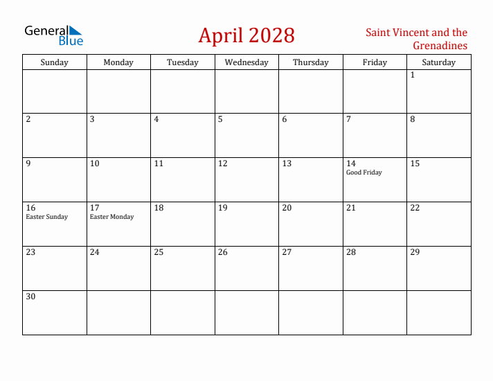 Saint Vincent and the Grenadines April 2028 Calendar - Sunday Start