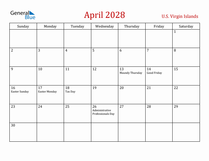 U.S. Virgin Islands April 2028 Calendar - Sunday Start