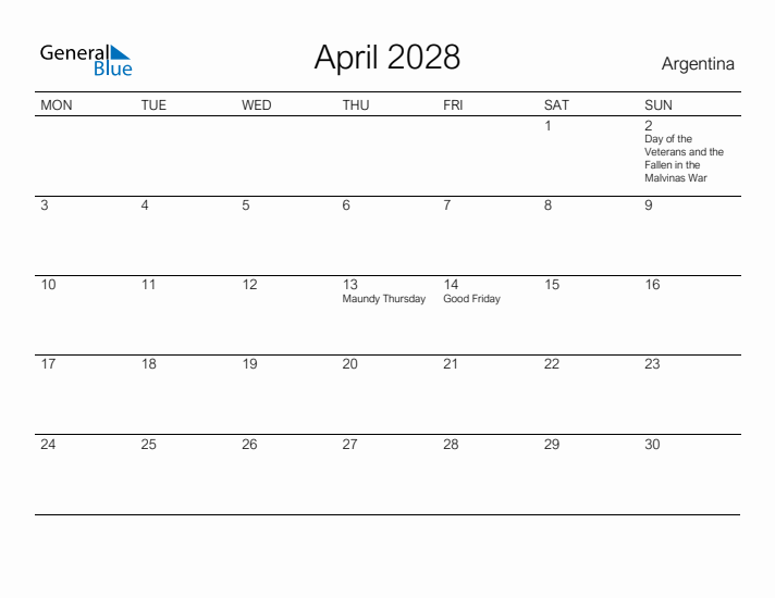 Printable April 2028 Calendar for Argentina
