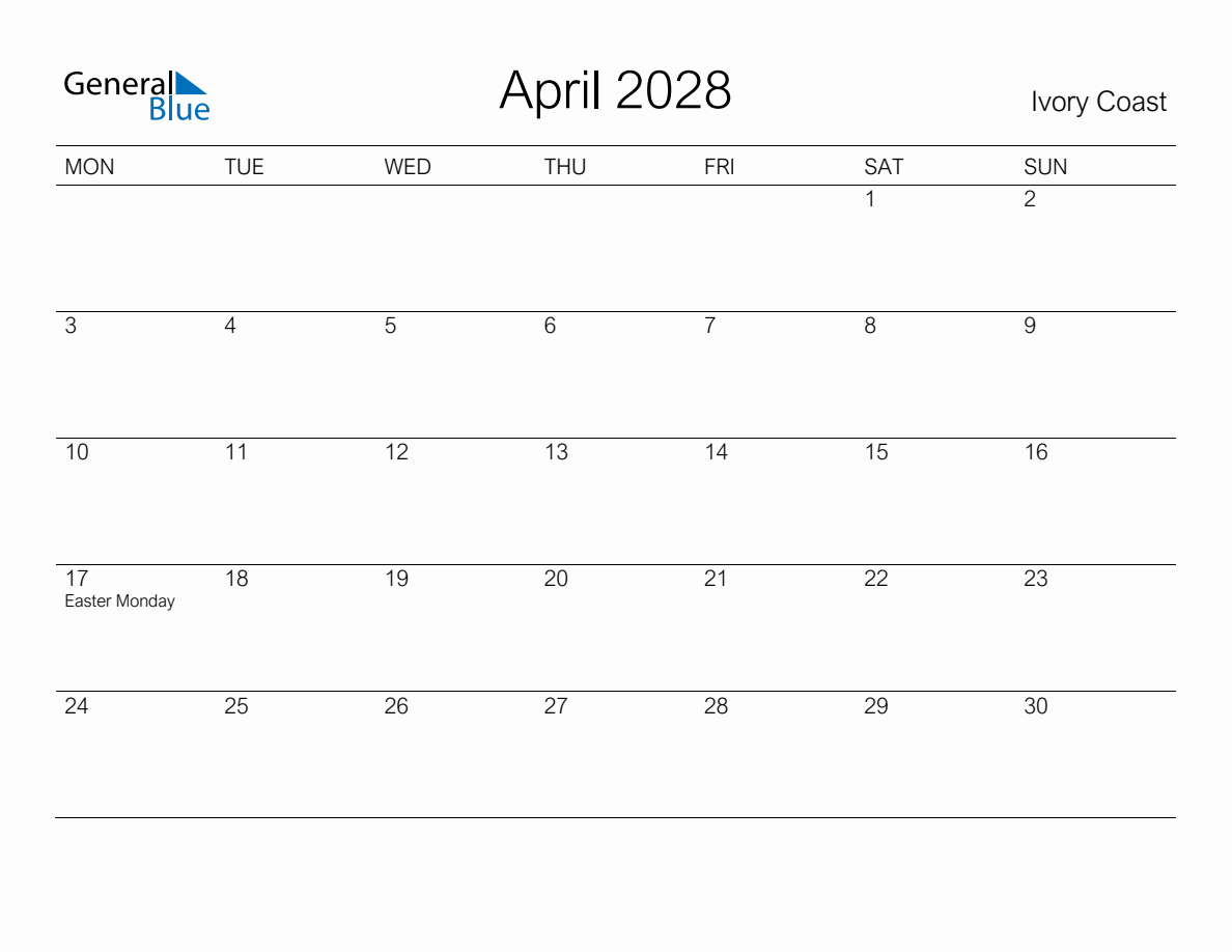 Printable April 2028 Monthly Calendar with Holidays for Ivory Coast ...