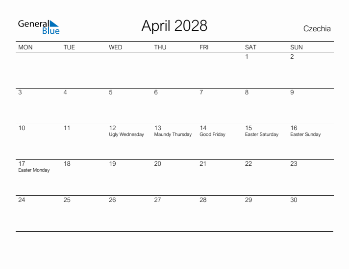 Printable April 2028 Calendar for Czechia