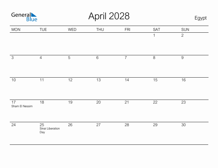 Printable April 2028 Calendar for Egypt