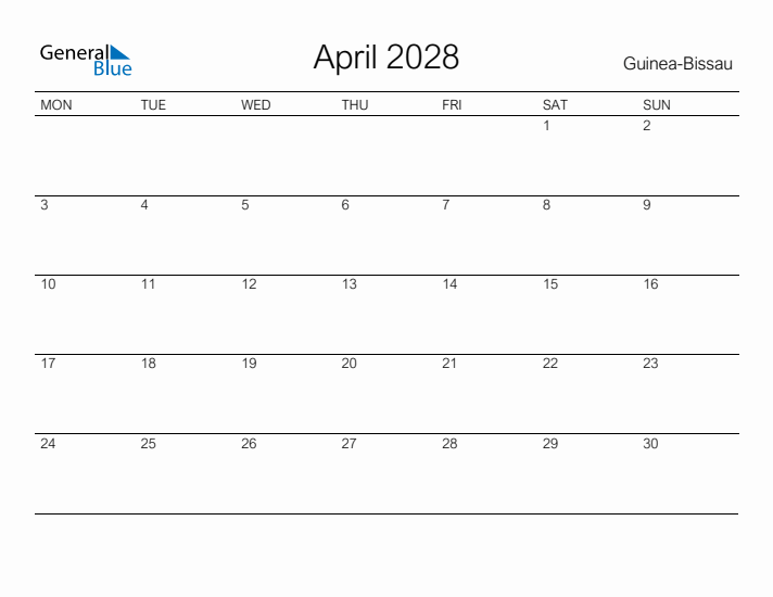 Printable April 2028 Calendar for Guinea-Bissau