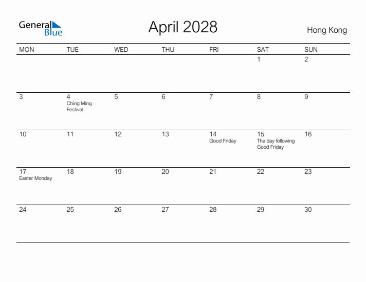 Printable April 2028 Calendar for Hong Kong
