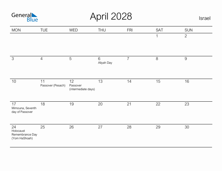 Printable April 2028 Calendar for Israel