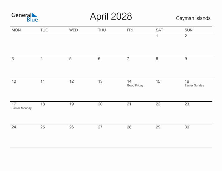Printable April 2028 Calendar for Cayman Islands