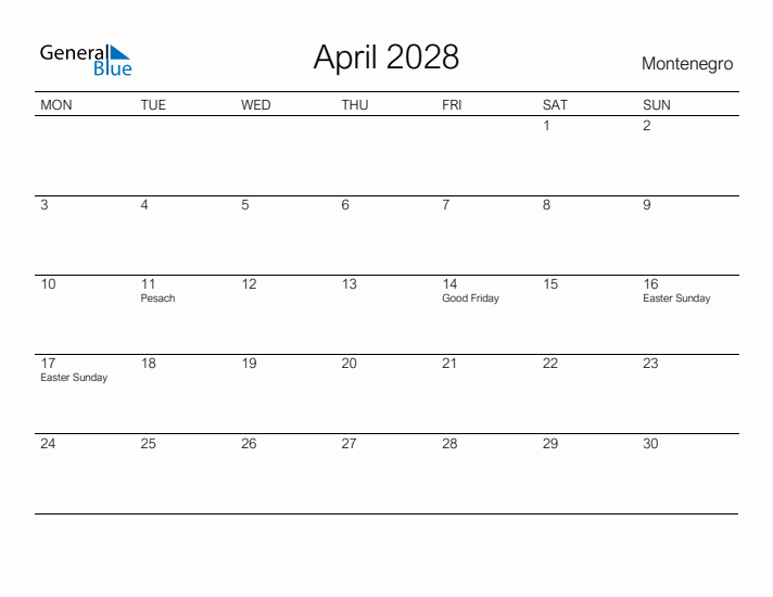 Printable April 2028 Calendar for Montenegro