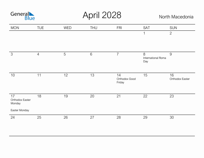 Printable April 2028 Calendar for North Macedonia