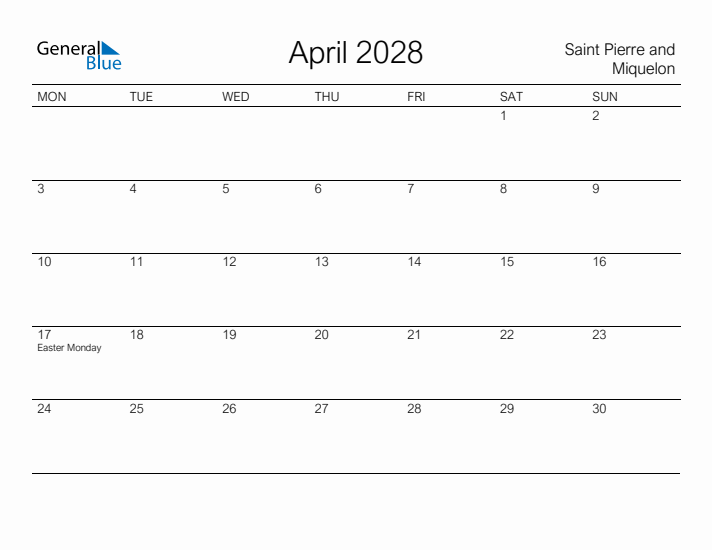 Printable April 2028 Calendar for Saint Pierre and Miquelon