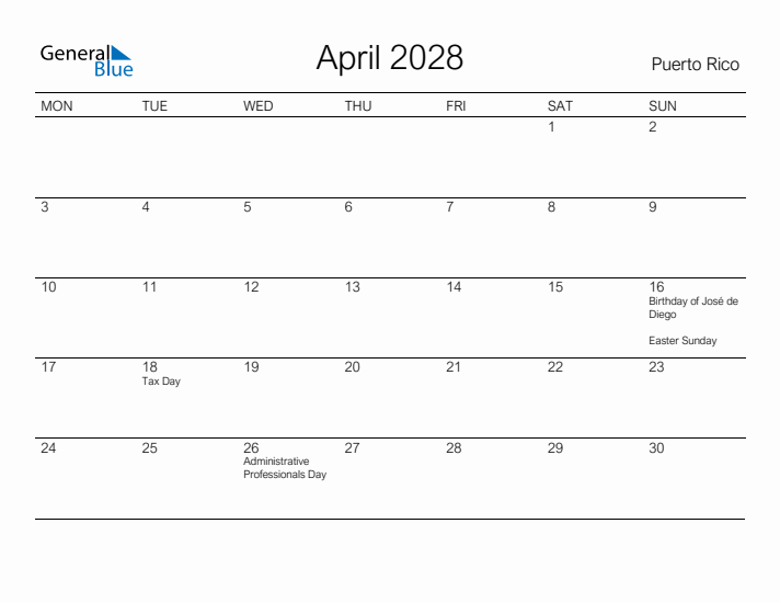 Printable April 2028 Calendar for Puerto Rico