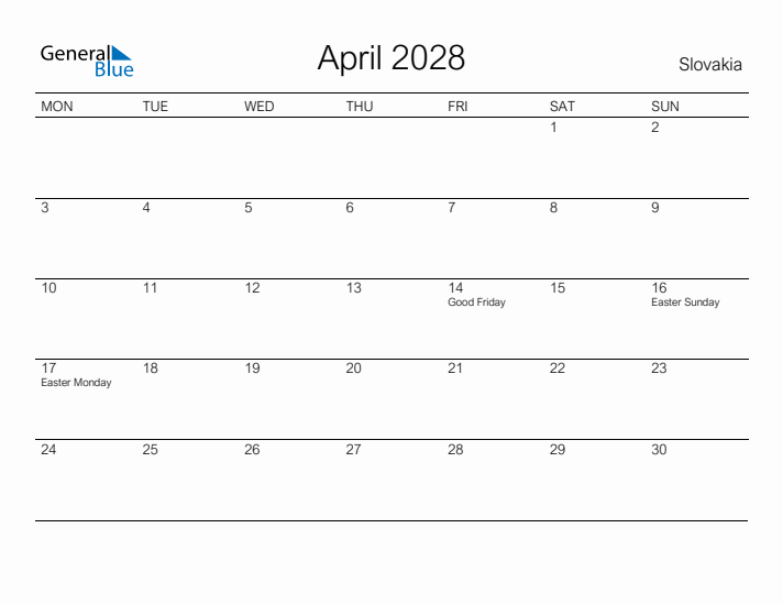 Printable April 2028 Calendar for Slovakia