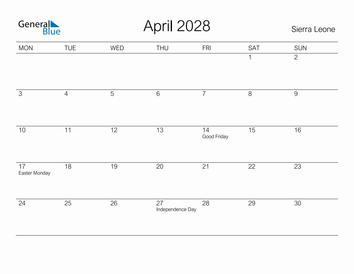 Printable April 2028 Monthly Calendar with Holidays for Sierra Leone ...