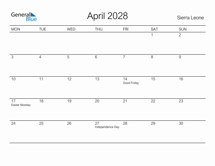 Printable April 2028 Calendar for Sierra Leone