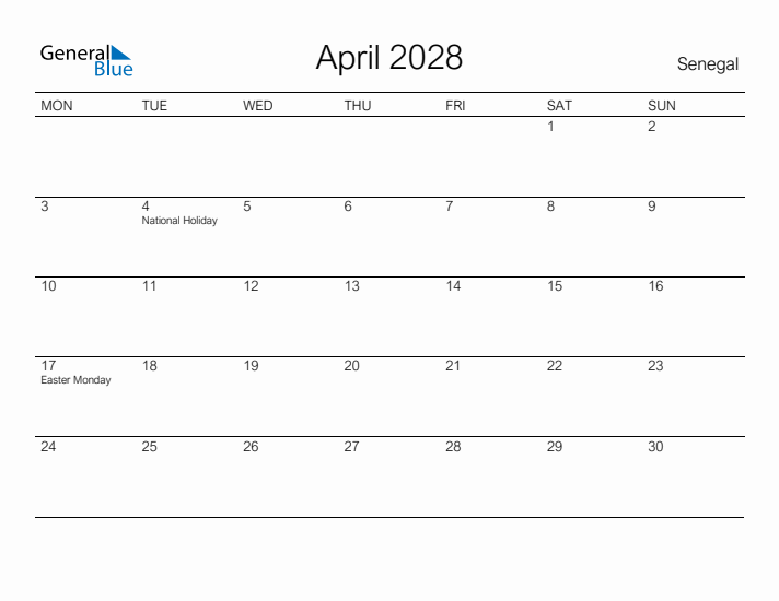 Printable April 2028 Calendar for Senegal